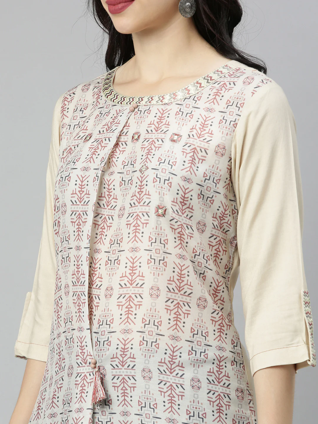 Neerus Cream Printed High Low Kurta - Image 2