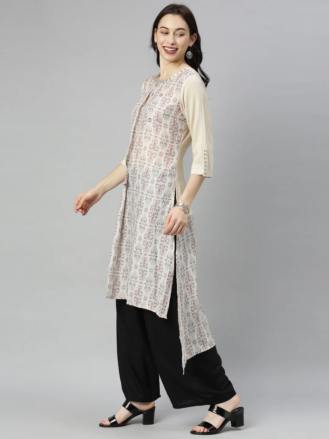 Neerus Cream Printed High Low Kurta - Image 5