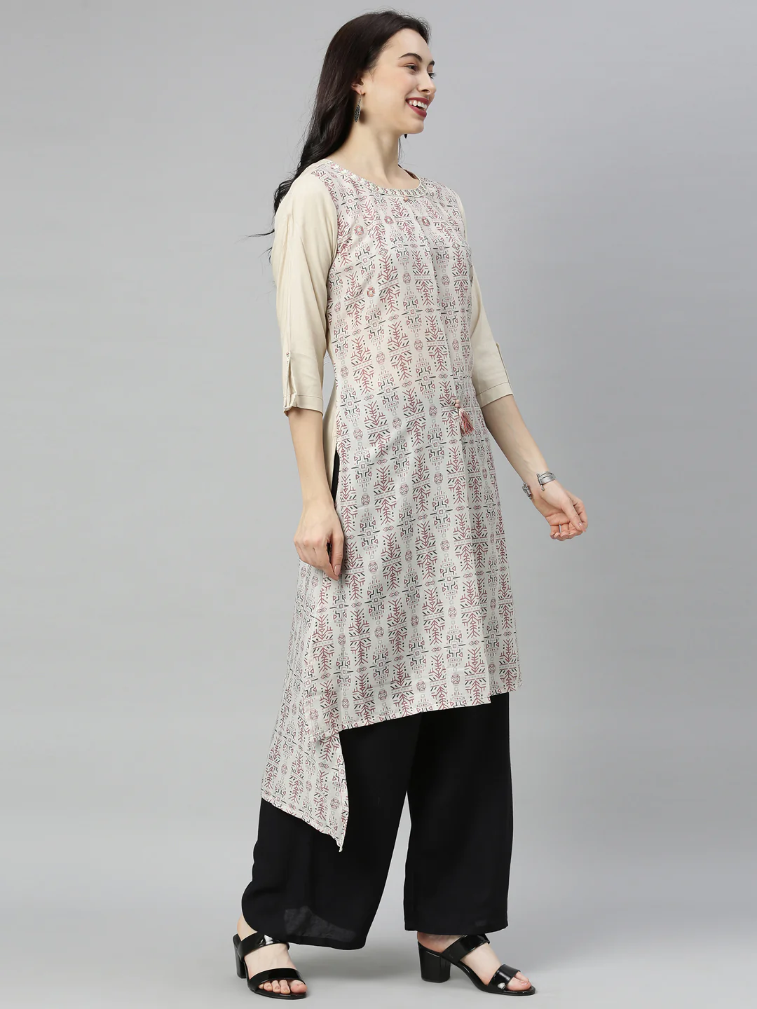 Neerus Cream Printed High Low Kurta - Image 6