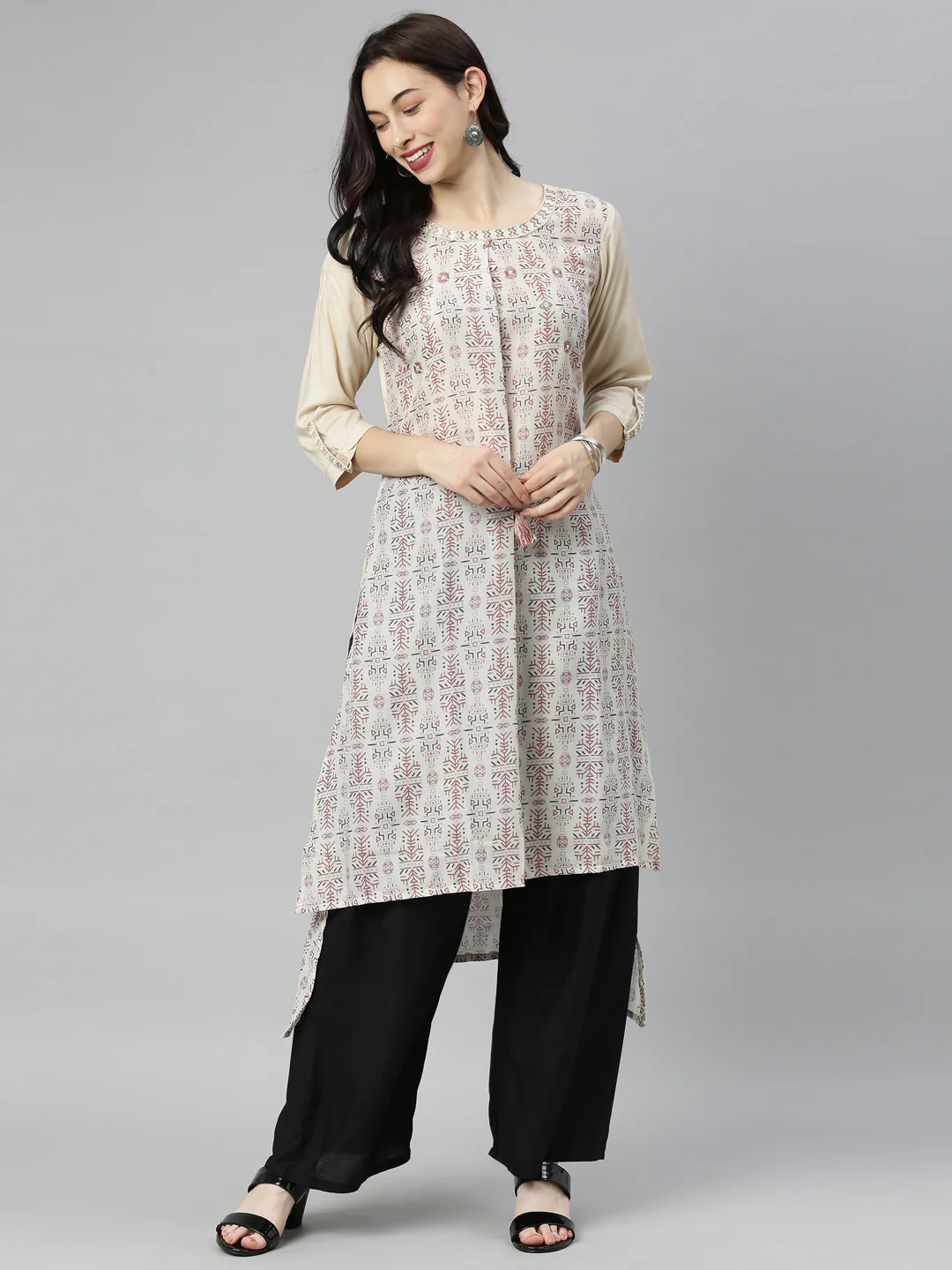 Neerus Cream Printed High Low Kurta - Image 8