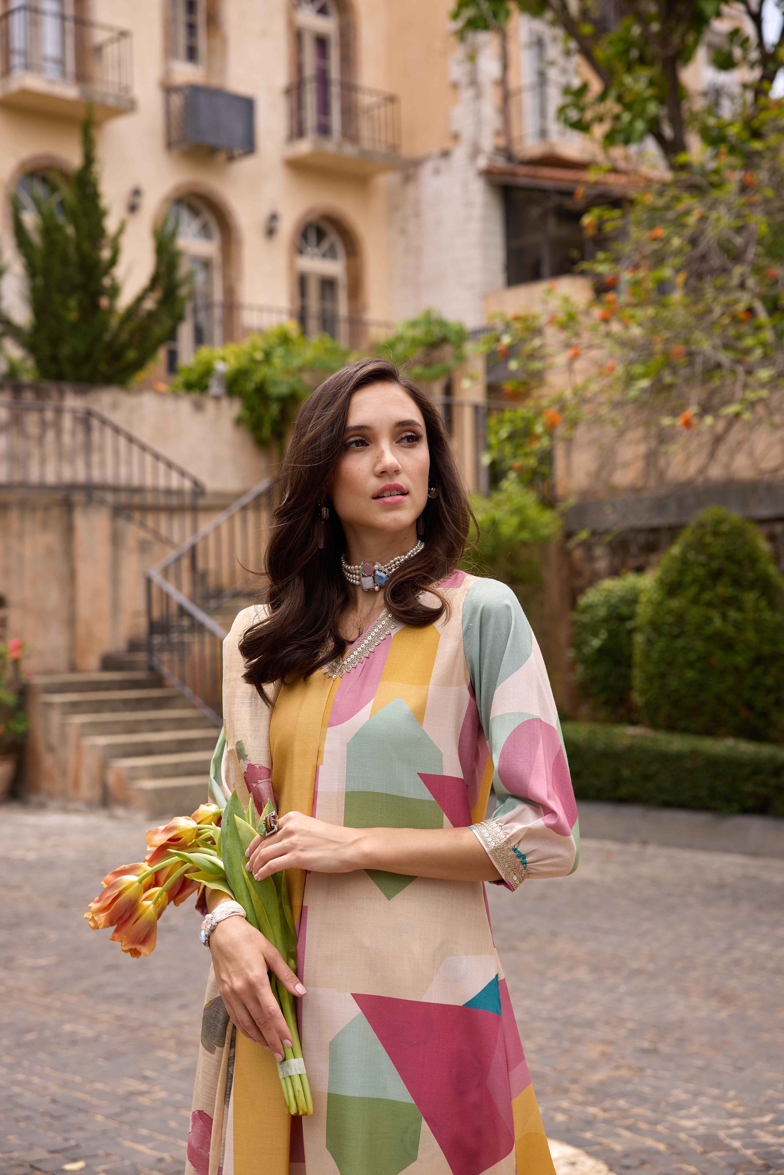 Neerus Cream Printed Kurta And Trousers With Dupatta - Image 3