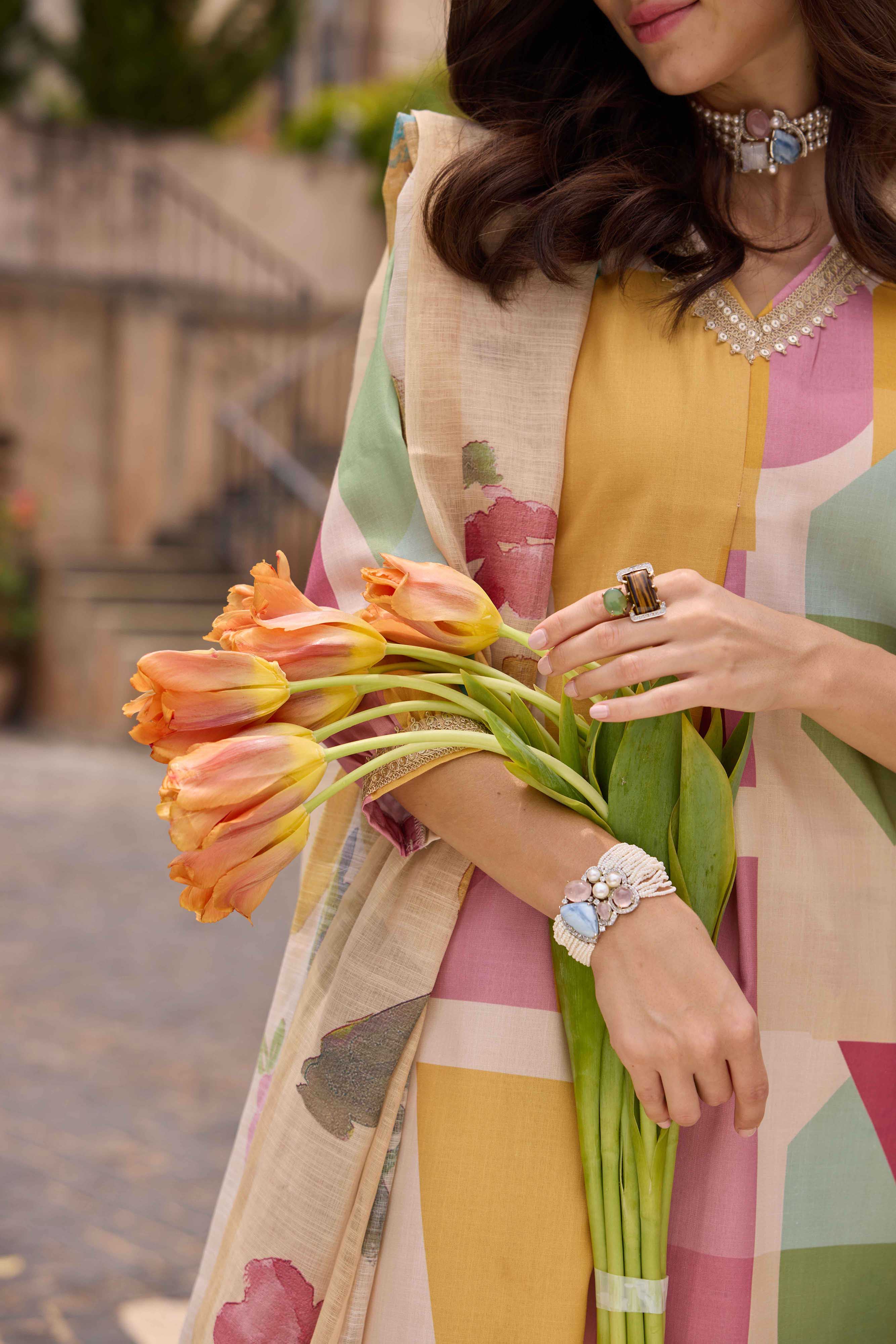 Neerus Cream Printed Kurta And Trousers With Dupatta - Image 4