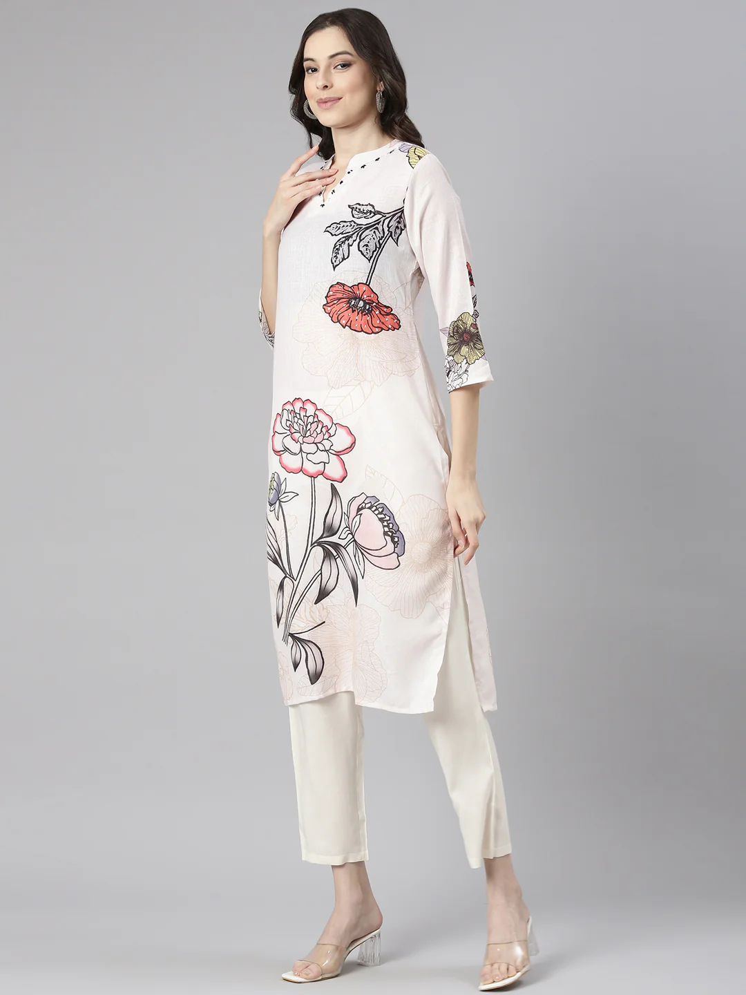 Neerus Cream Printed Straight Kurta and Trousers With Dupatta - Image 2