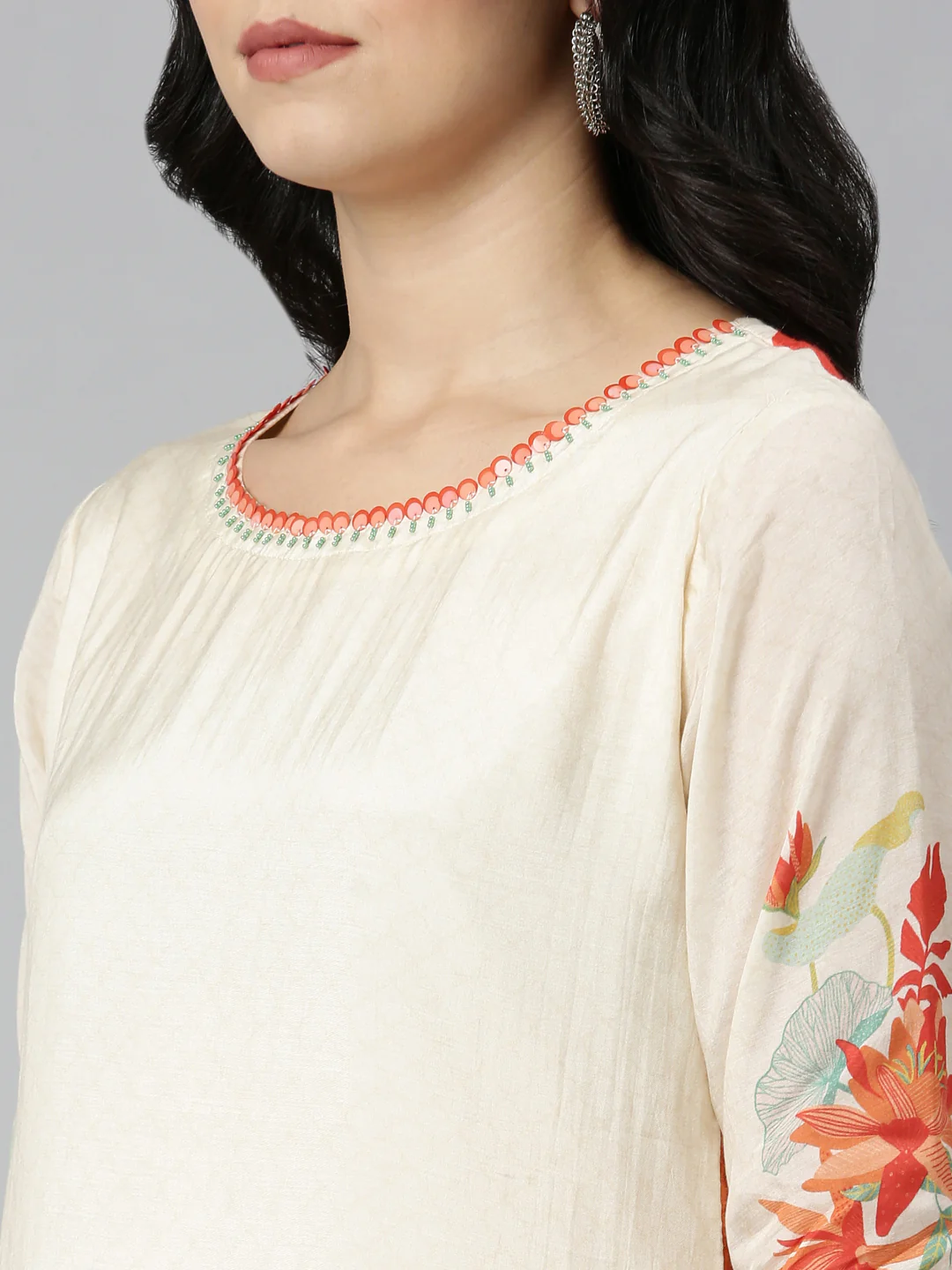 Neerus Cream Regular A-Line Printed Kurta - Image 4