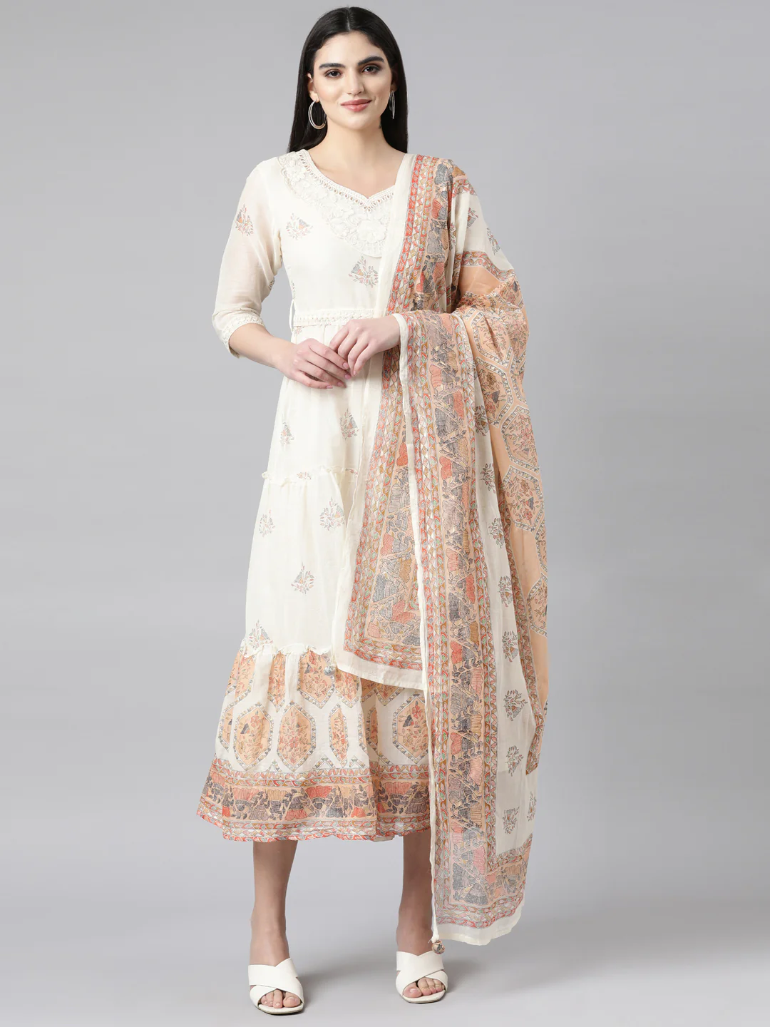 Neerus Cream Regular Anarkali Floral Kurta With Dupatta