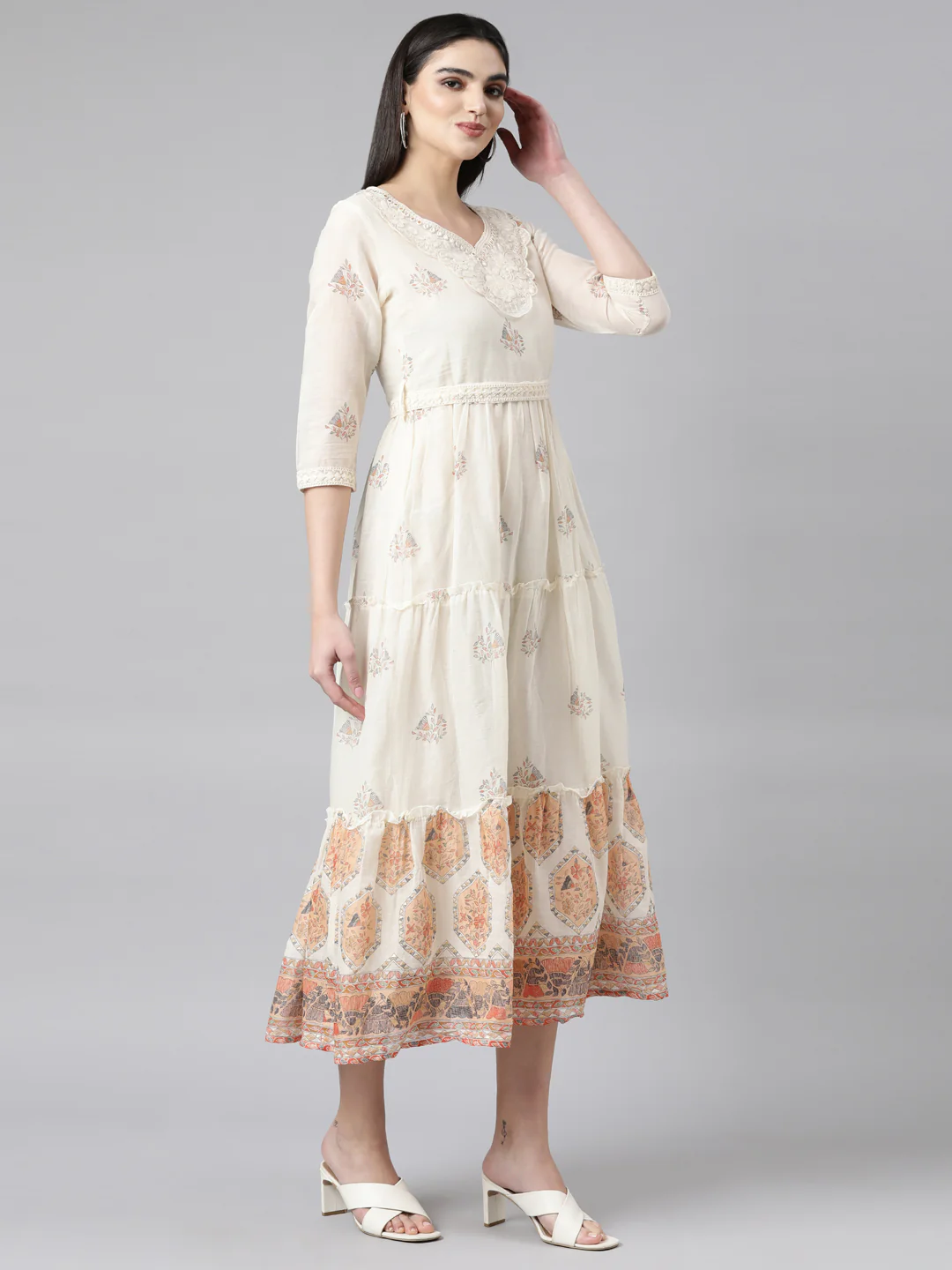 Neerus Cream Regular Anarkali Floral Kurta With Dupatta - Image 2