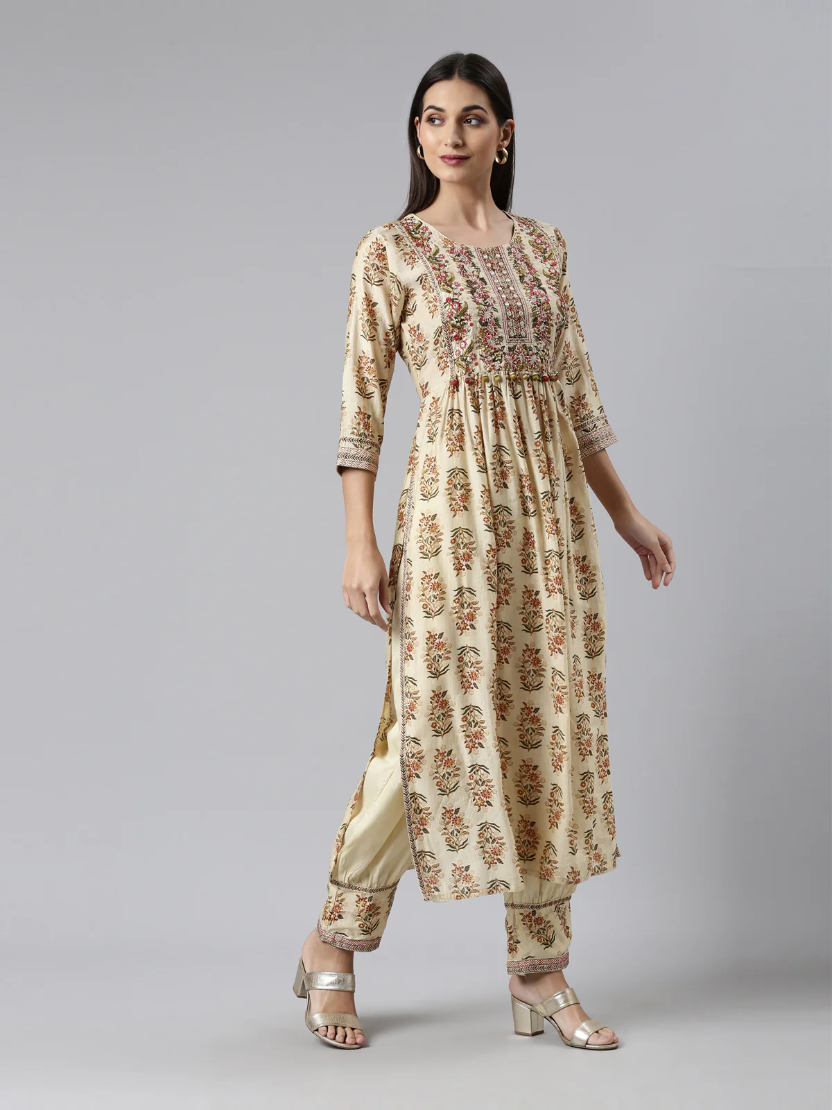 Neerus Cream Regular Calf Length Printed Kurta Solid Trousers With Dupatta - Image 2