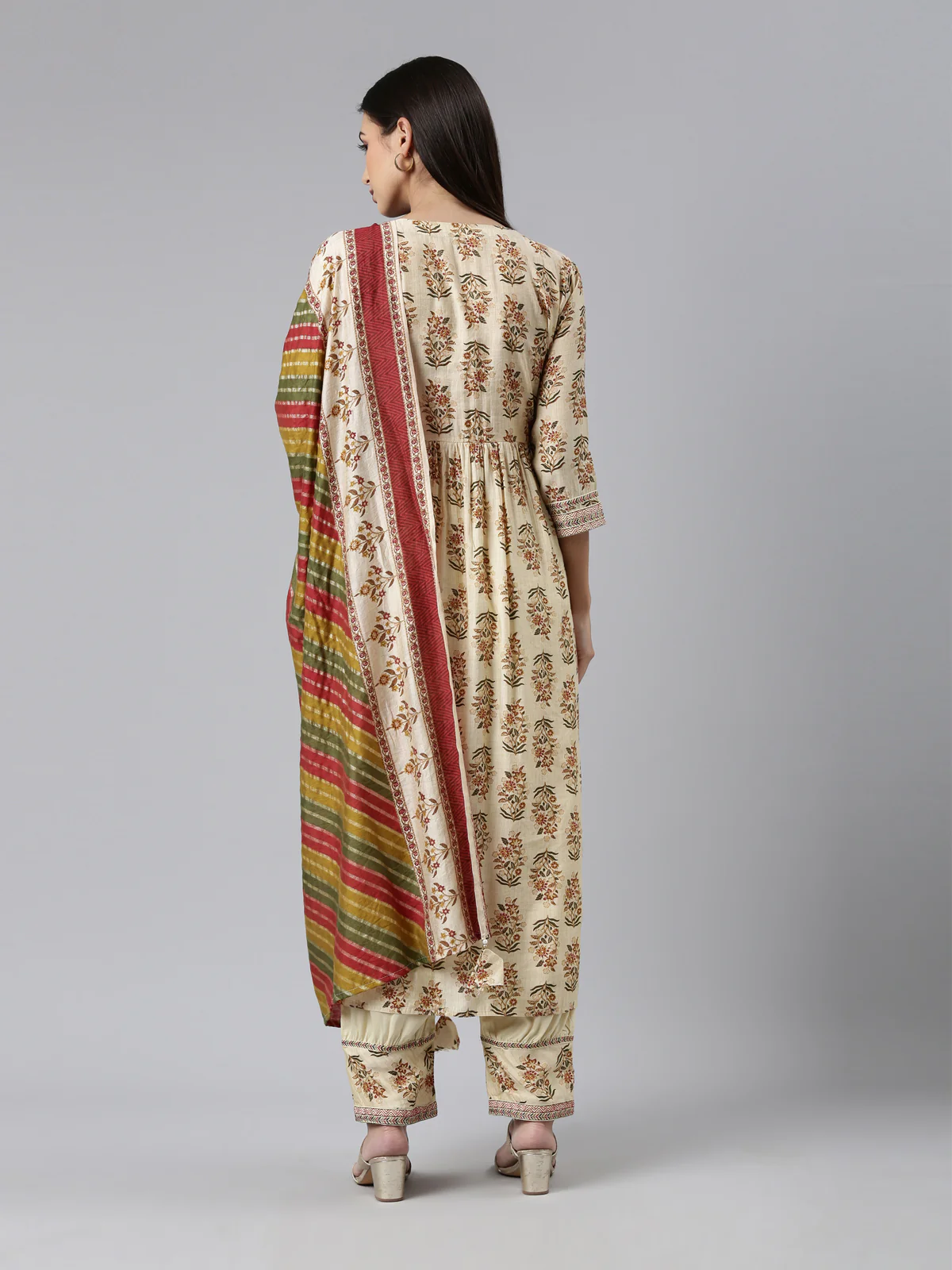 Neerus Cream Regular Calf Length Printed Kurta Solid Trousers With Dupatta - Image 3