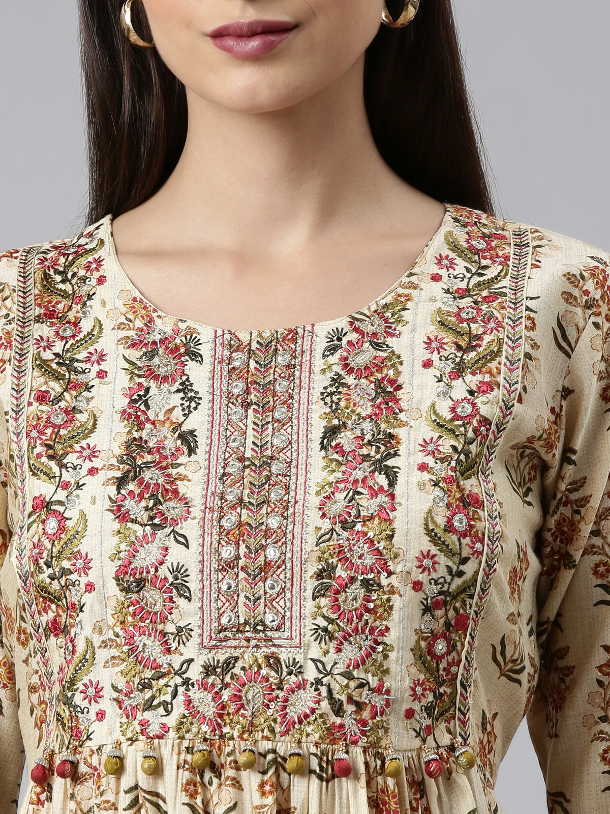 Neerus Cream Regular Calf Length Printed Kurta Solid Trousers With Dupatta - Image 4