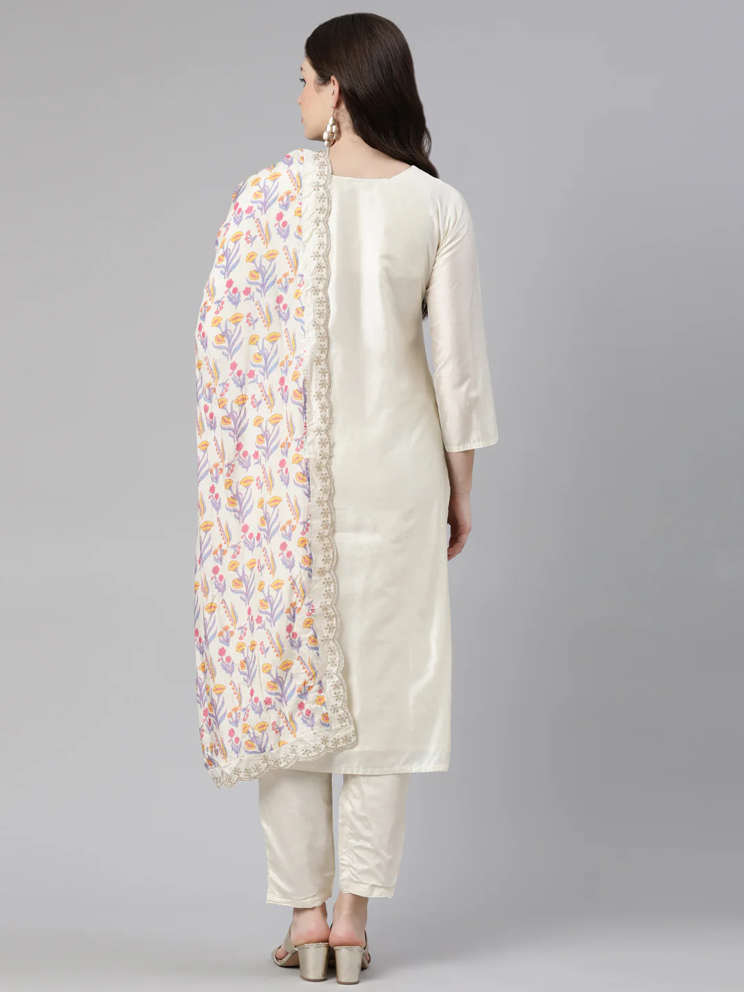 Neerus Cream Regular Knee Length Embroidered Kurta Solid Trousers With Dupatta - Image 3