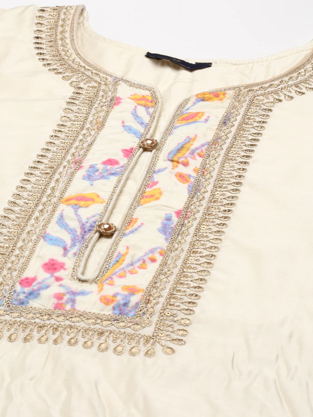 Neerus Cream Regular Knee Length Embroidered Kurta Solid Trousers With Dupatta - Image 6