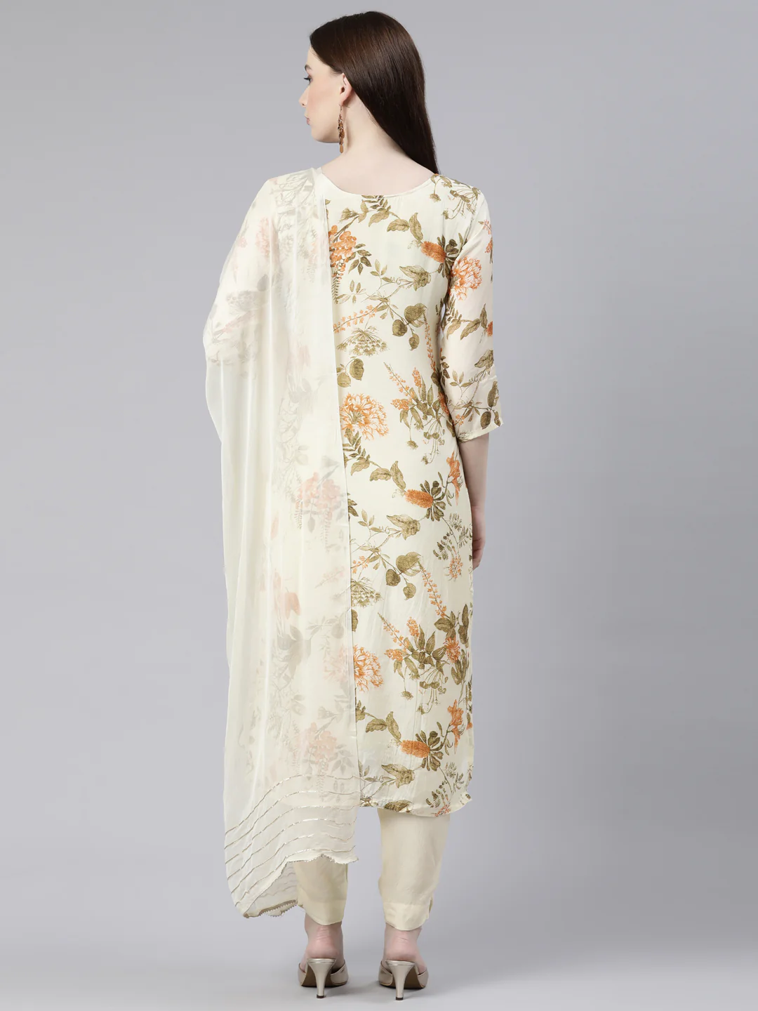 Neerus Cream Regular Knee Length Printed Kurta Solid Trousers With Dupatta - Image 3