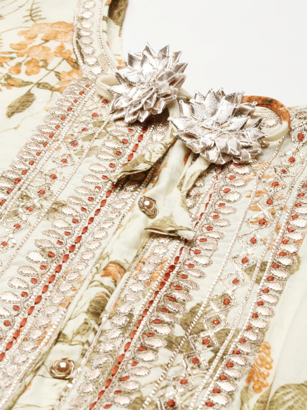 Neerus Cream Regular Knee Length Printed Kurta Solid Trousers With Dupatta - Image 5