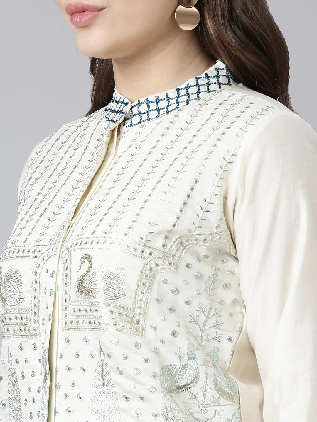 Neerus Cream Regular Straight Animal Kurta And Trousers - Image 2