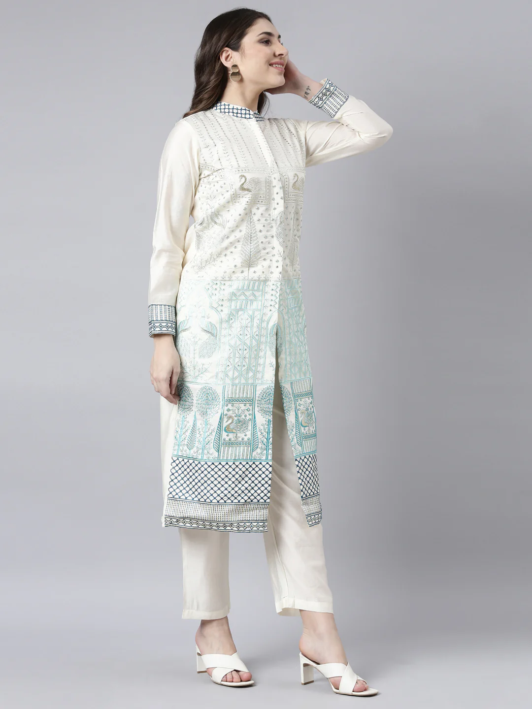 Neerus Cream Regular Straight Animal Kurta And Trousers - Image 3