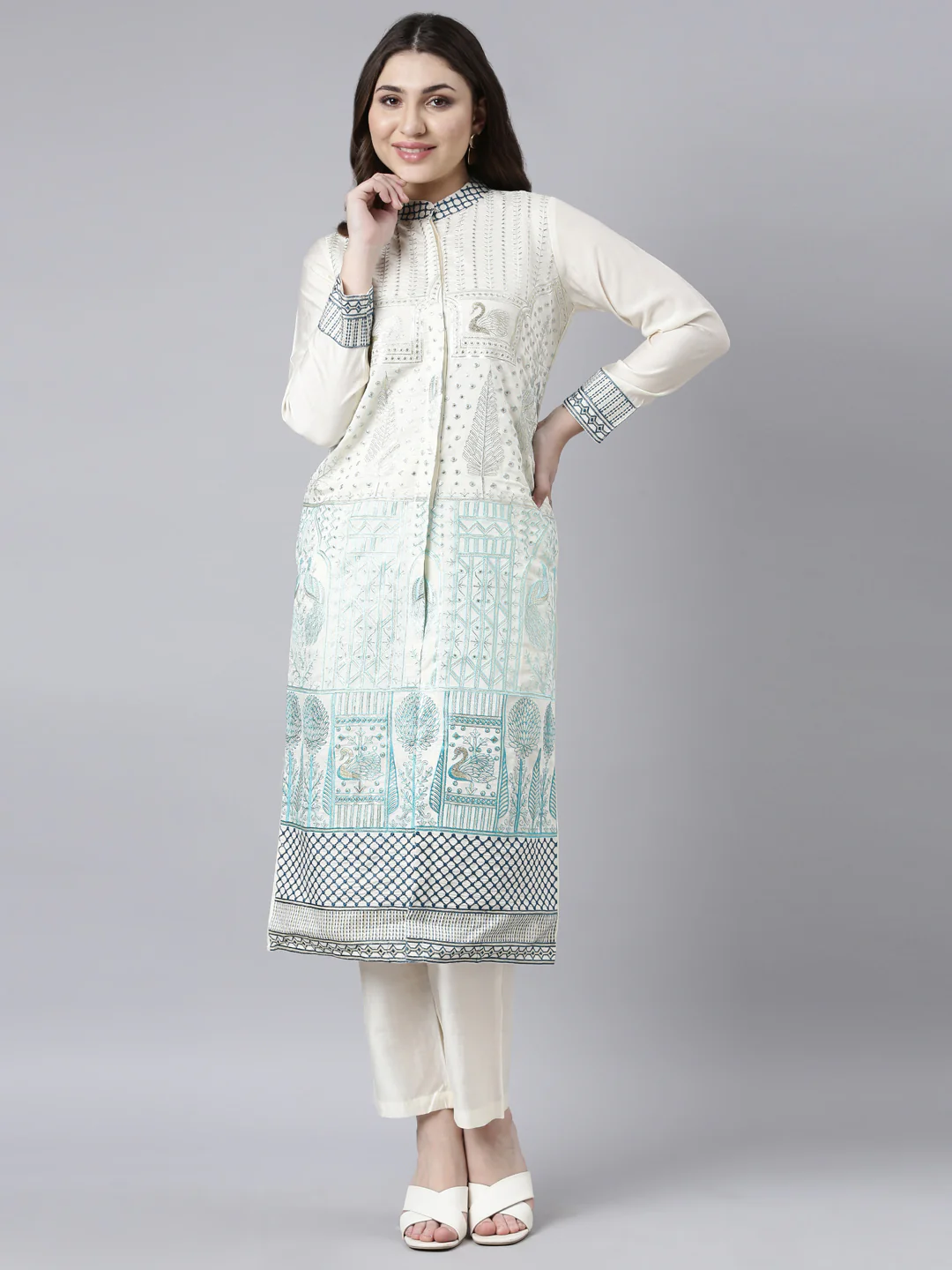 Neerus Cream Regular Straight Animal Kurta And Trousers - Image 4