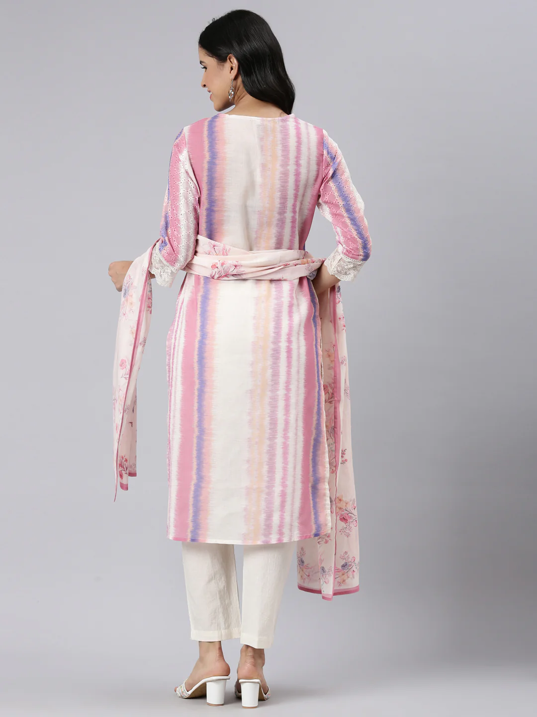 Neerus Cream Regular Straight Dyed Kurta and Trousers With Dupatta - Image 3