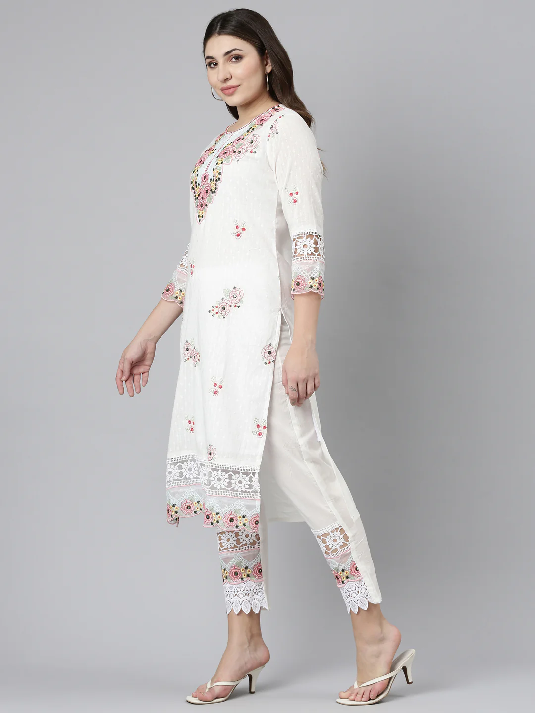 Neerus Cream Regular Straight Embroidered Readymade suits - Image 2