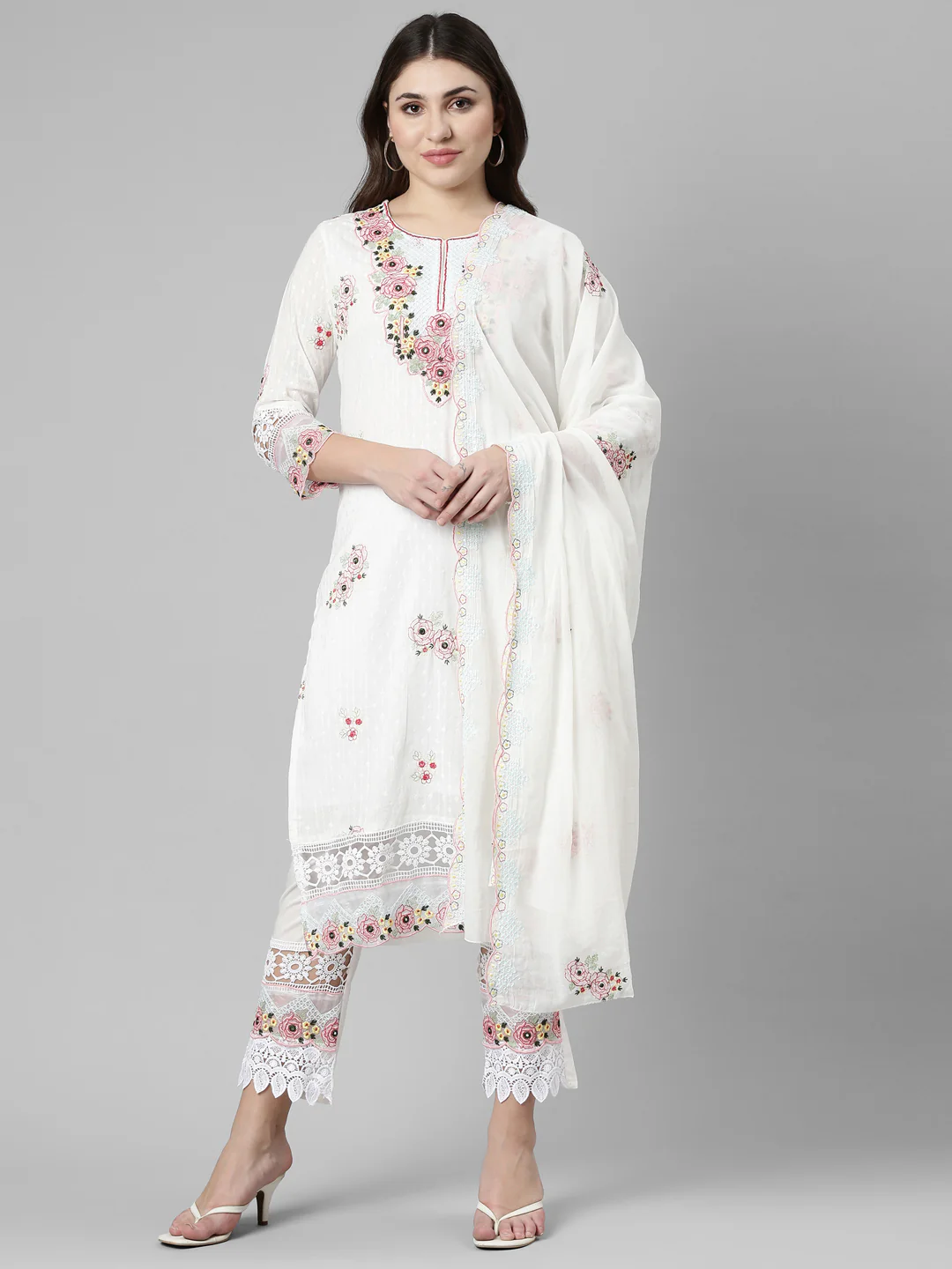 Neerus Cream Regular Straight Embroidered Readymade suits - Image 5