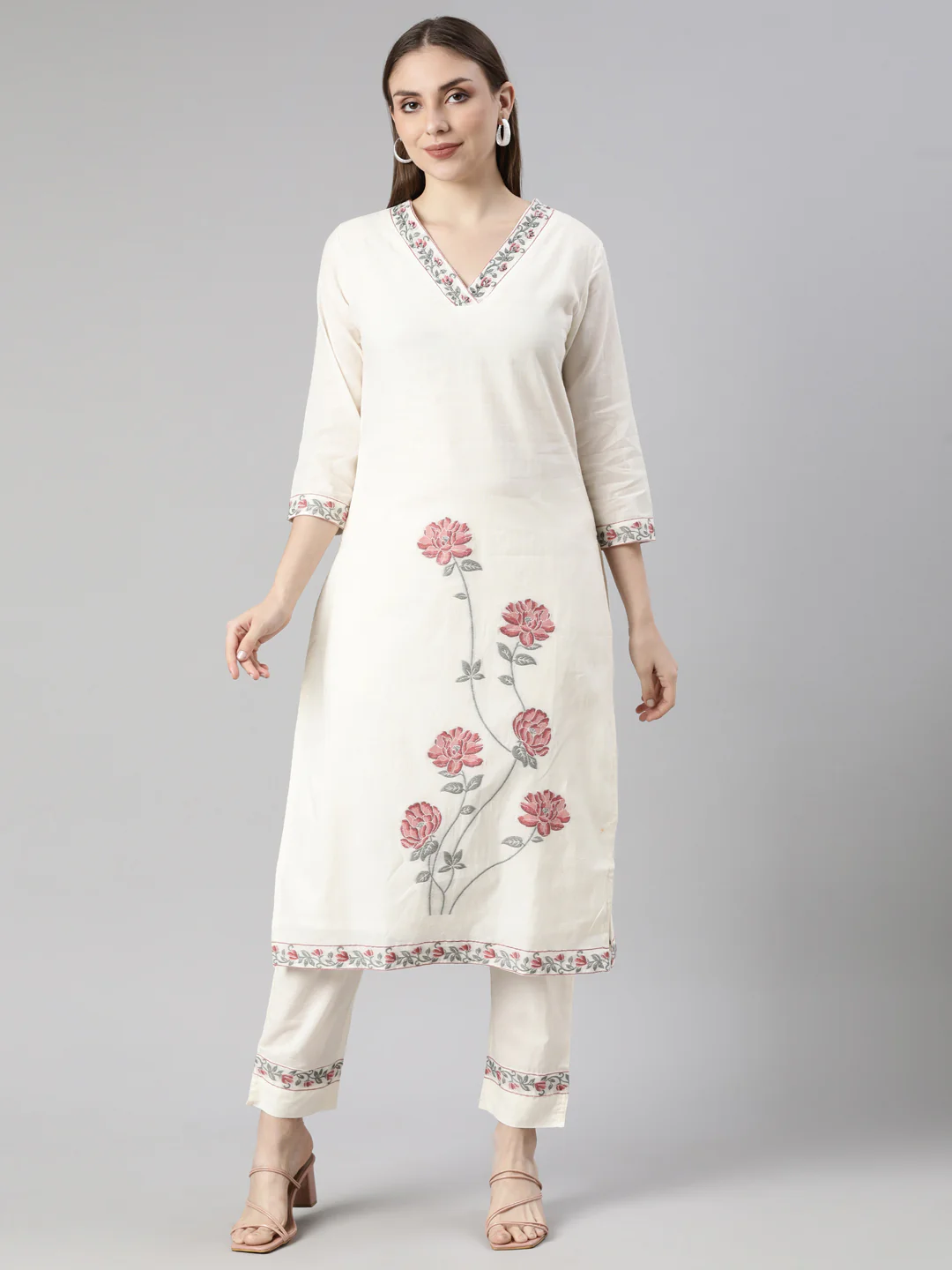 Neerus Cream Regular Straight Floral Kurta And  Trousers