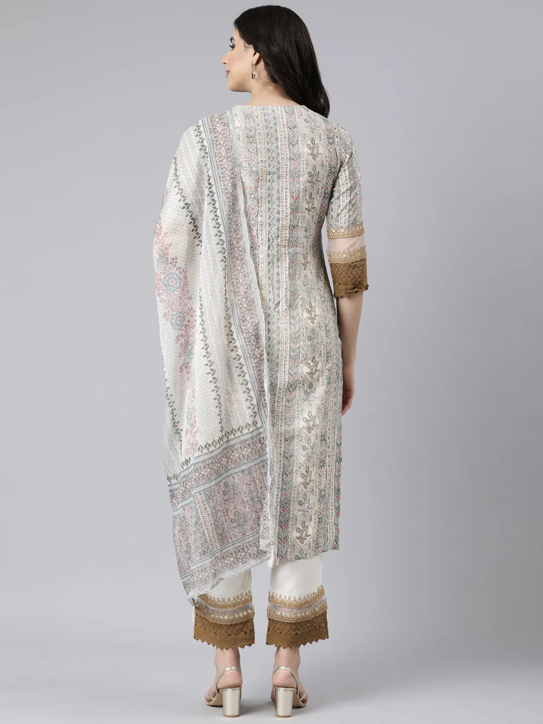 Neerus Cream Regular Straight Floral Kurta And Trousers With Dupatta - Image 3