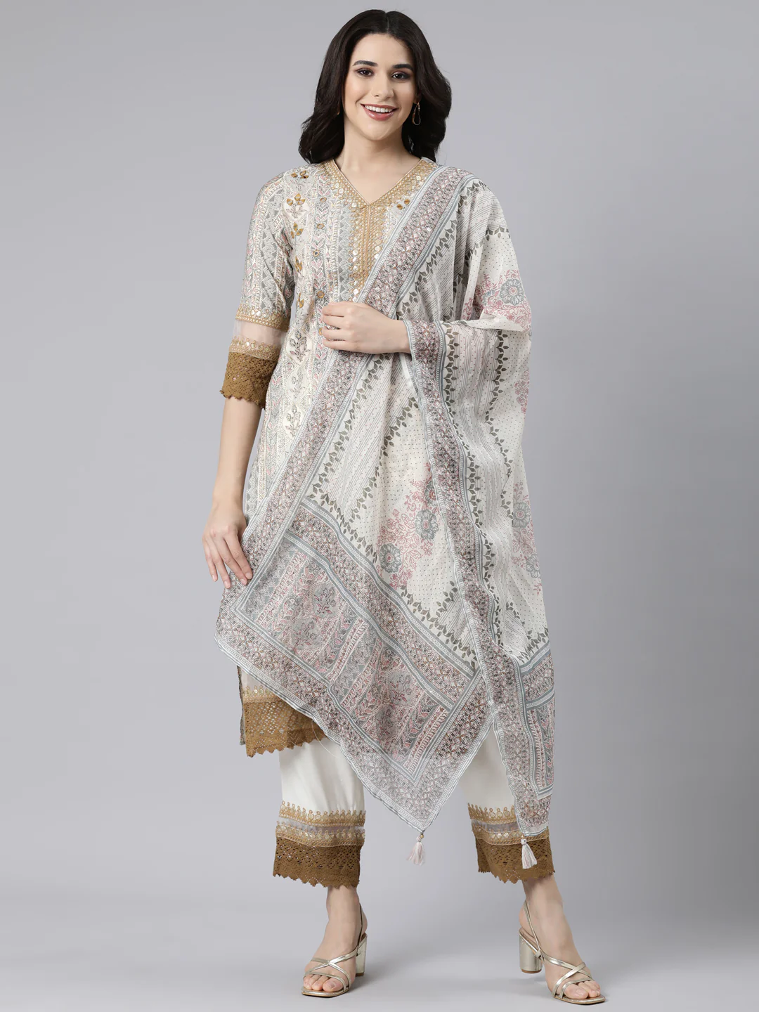 Neerus Cream Regular Straight Floral Kurta And Trousers With Dupatta - Image 5