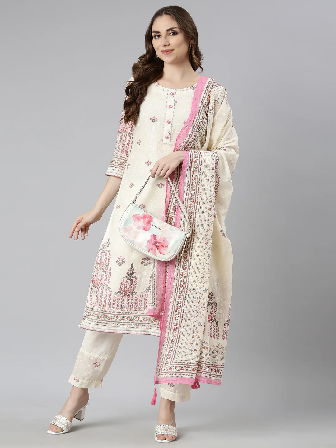 Neerus Cream Regular Straight Floral Kurta And Trousers With Dupatta - Image 5