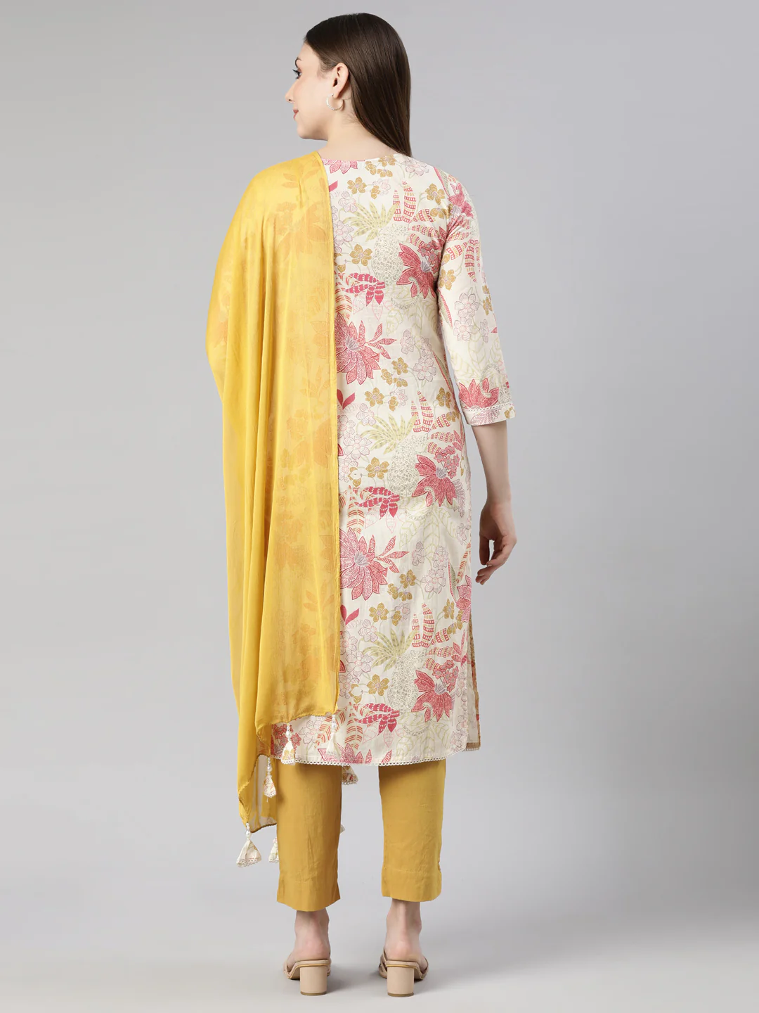 Neerus Cream Regular Straight Floral Kurta And Trousers With Dupatta - Image 3