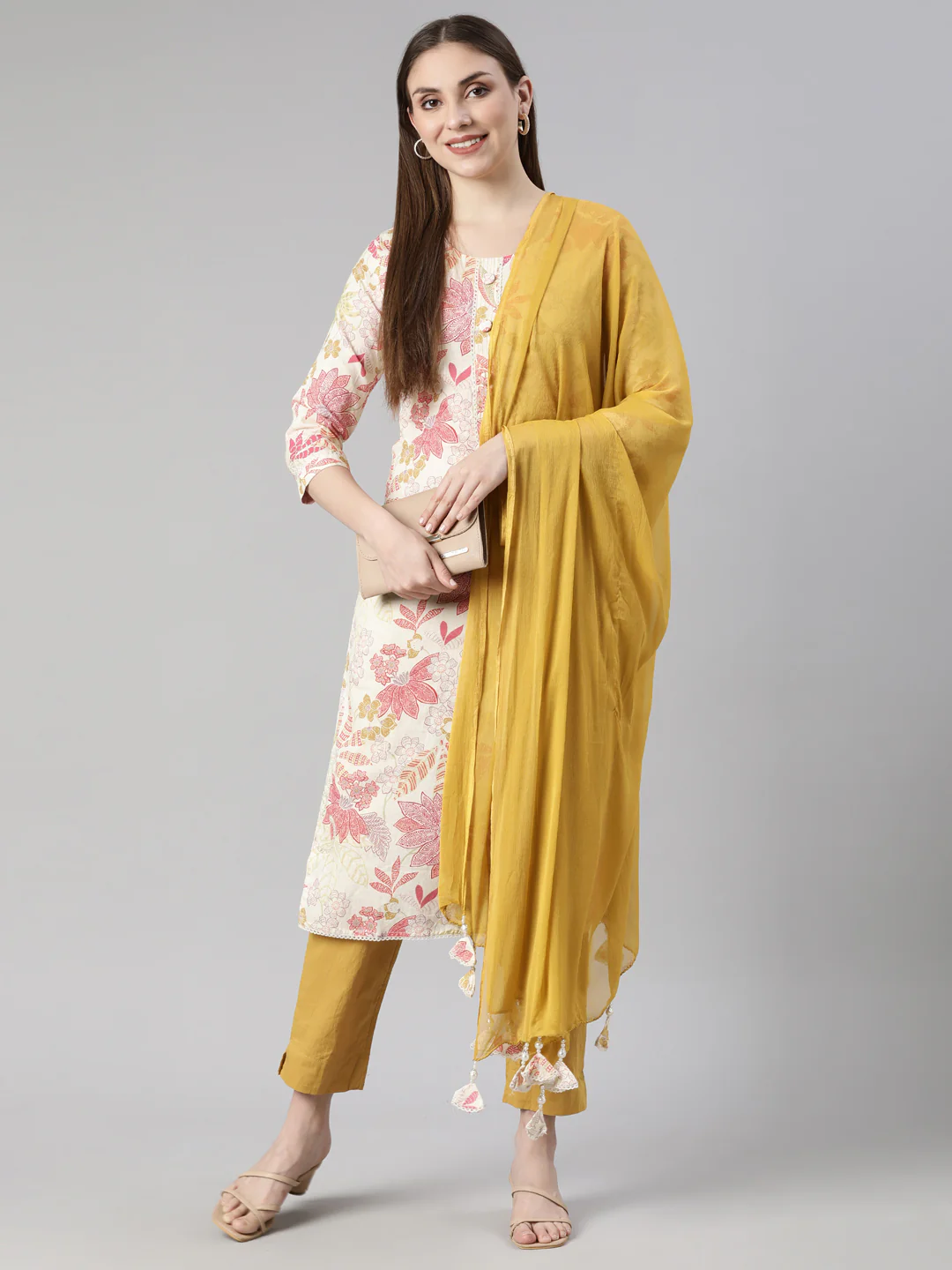Neerus Cream Regular Straight Floral Kurta And Trousers With Dupatta - Image 4