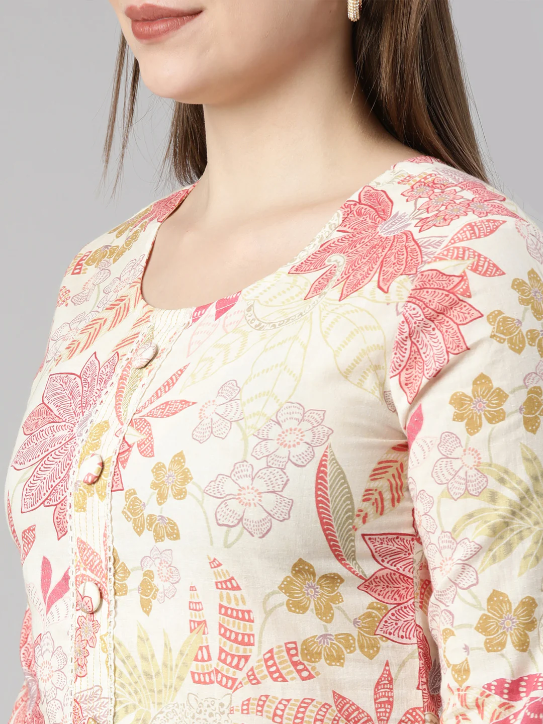 Neerus Cream Regular Straight Floral Kurta And Trousers With Dupatta - Image 7