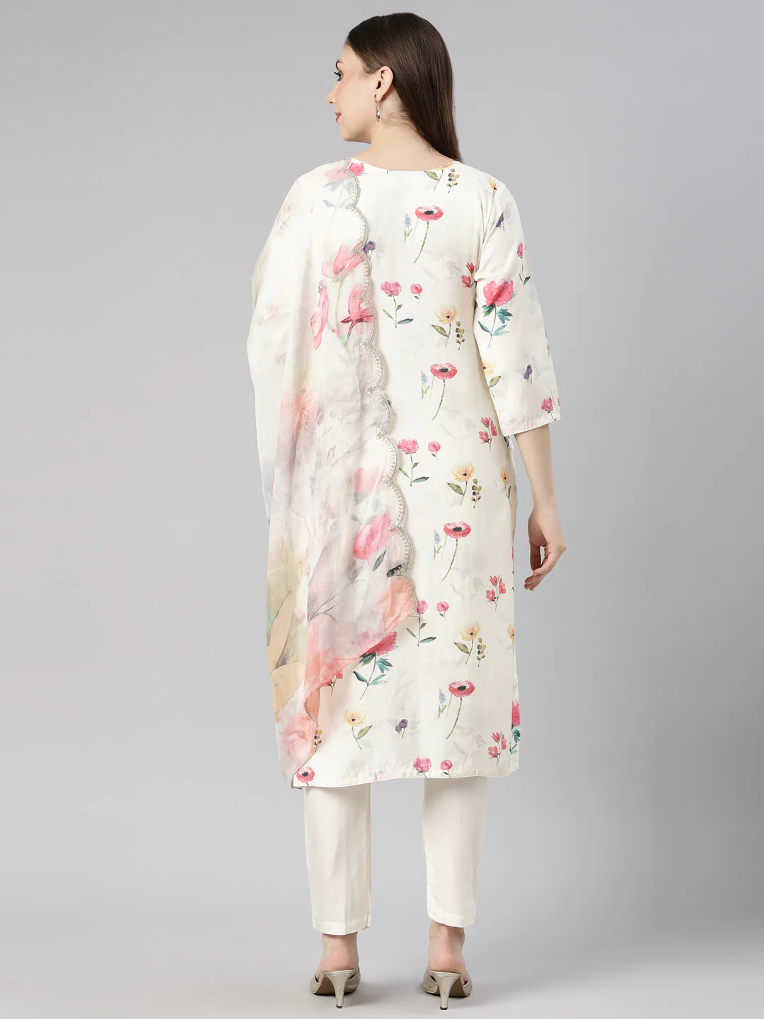 Neerus Cream Regular Straight Floral Kurta And Trousers With Dupatta - Image 3