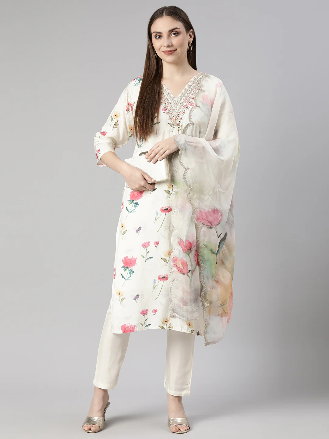 Neerus Cream Regular Straight Floral Kurta And Trousers With Dupatta - Image 4