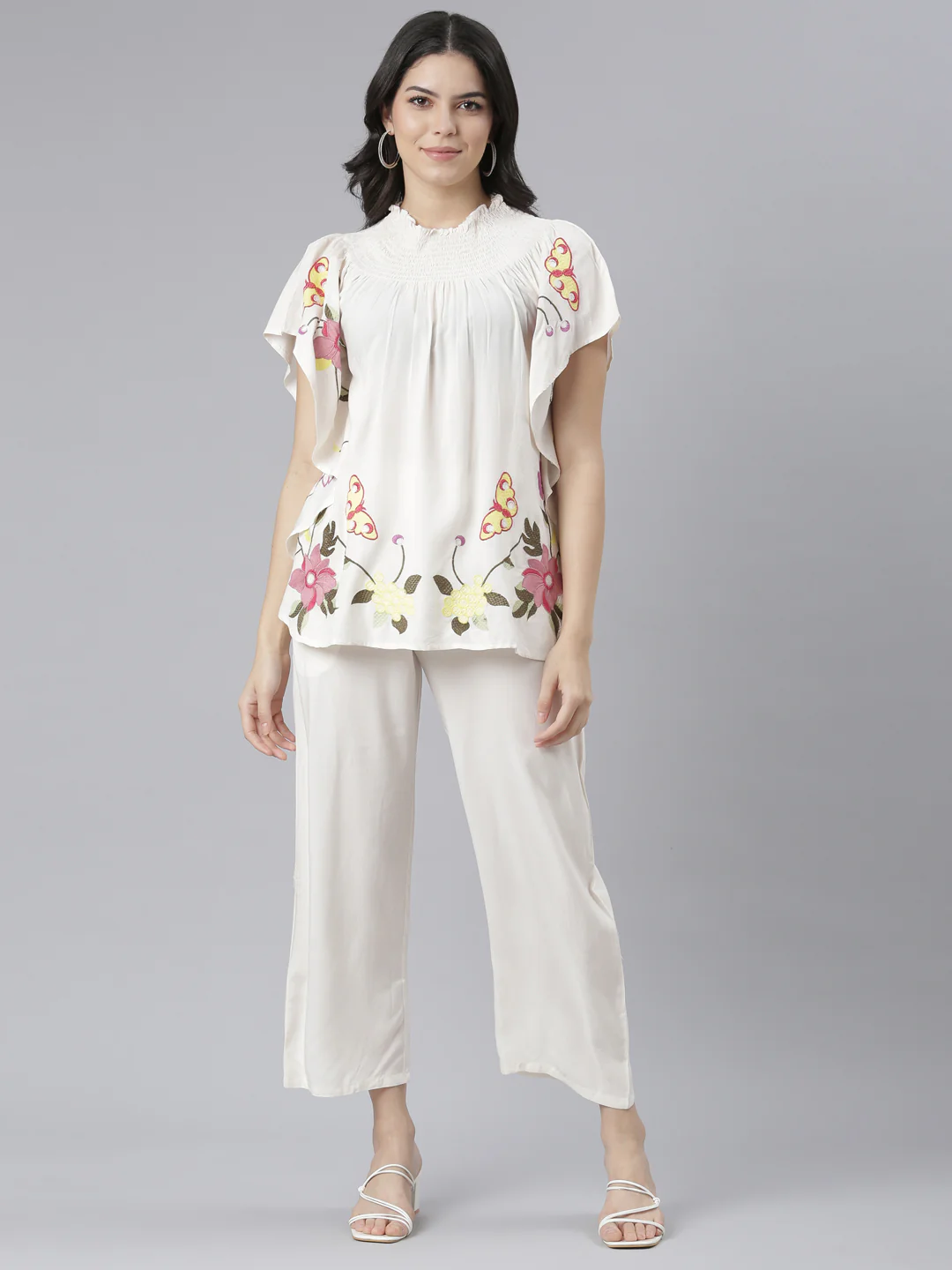Neerus Cream Regular Straight Floral Top And Trousers