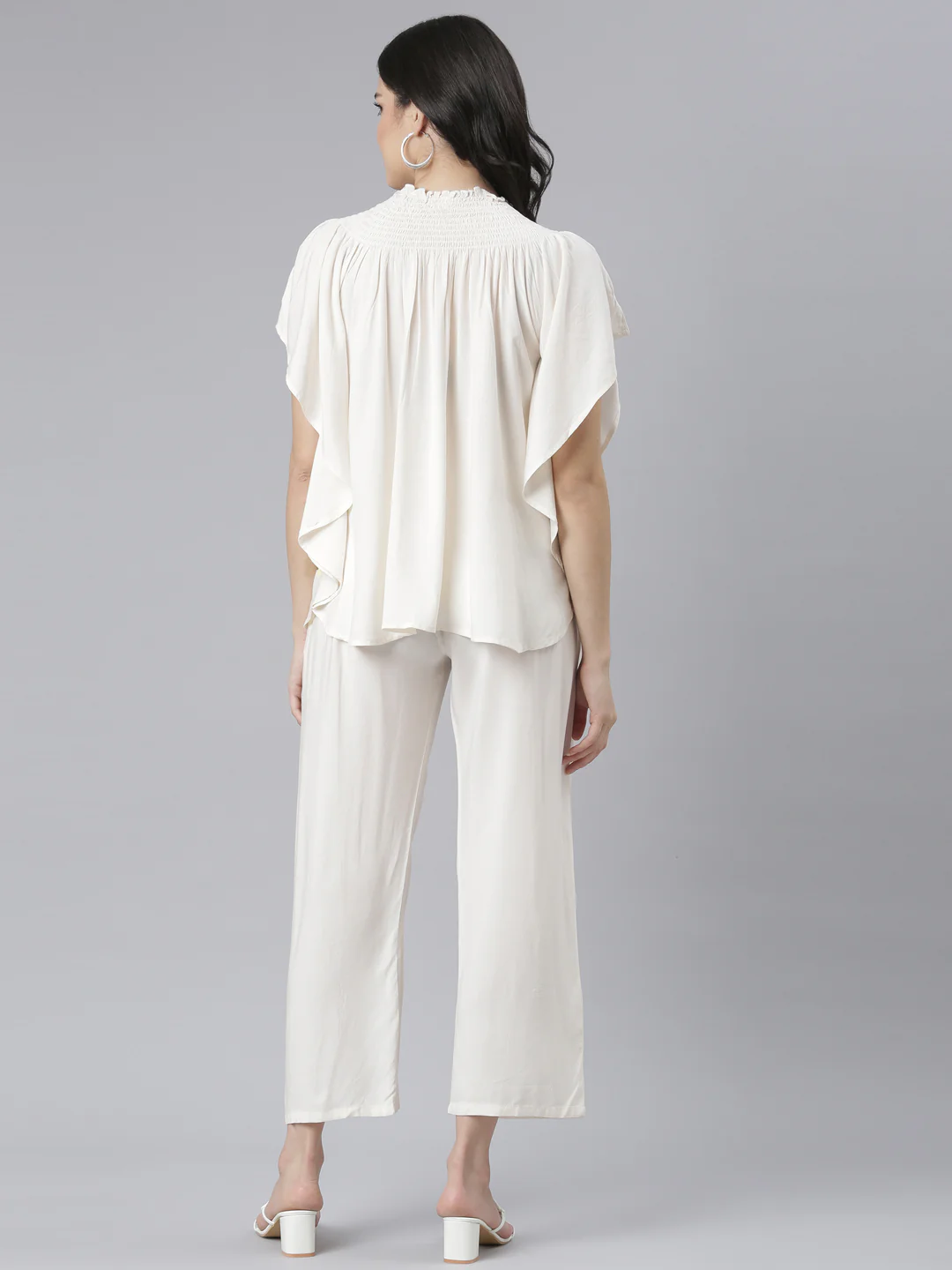 Neerus Cream Regular Straight Floral Top And Trousers - Image 3