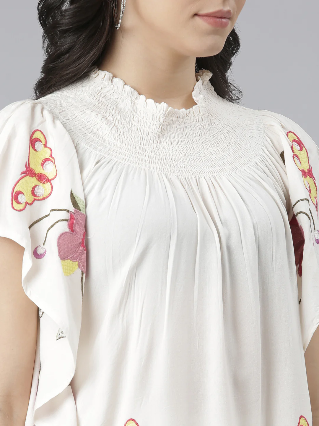 Neerus Cream Regular Straight Floral Top And Trousers - Image 4