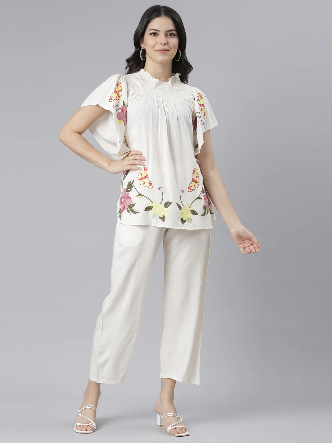 Neerus Cream Regular Straight Floral Top And Trousers - Image 5