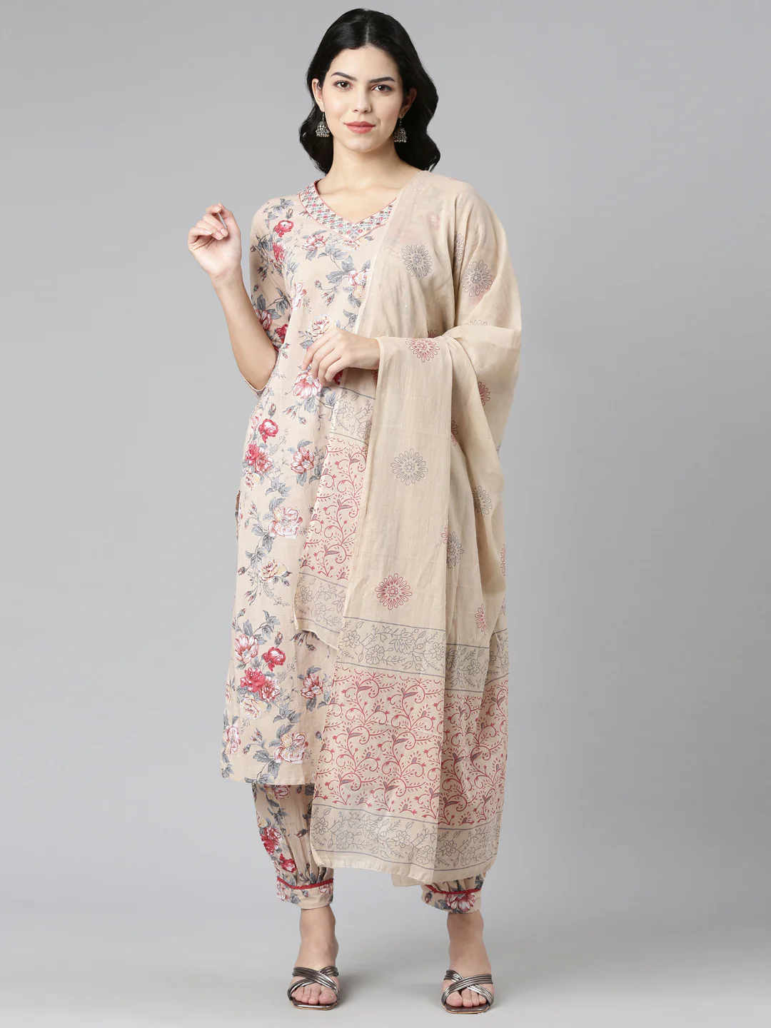 Neerus Cream Regular Straight Printed Kurta And Salwar With Dupatta