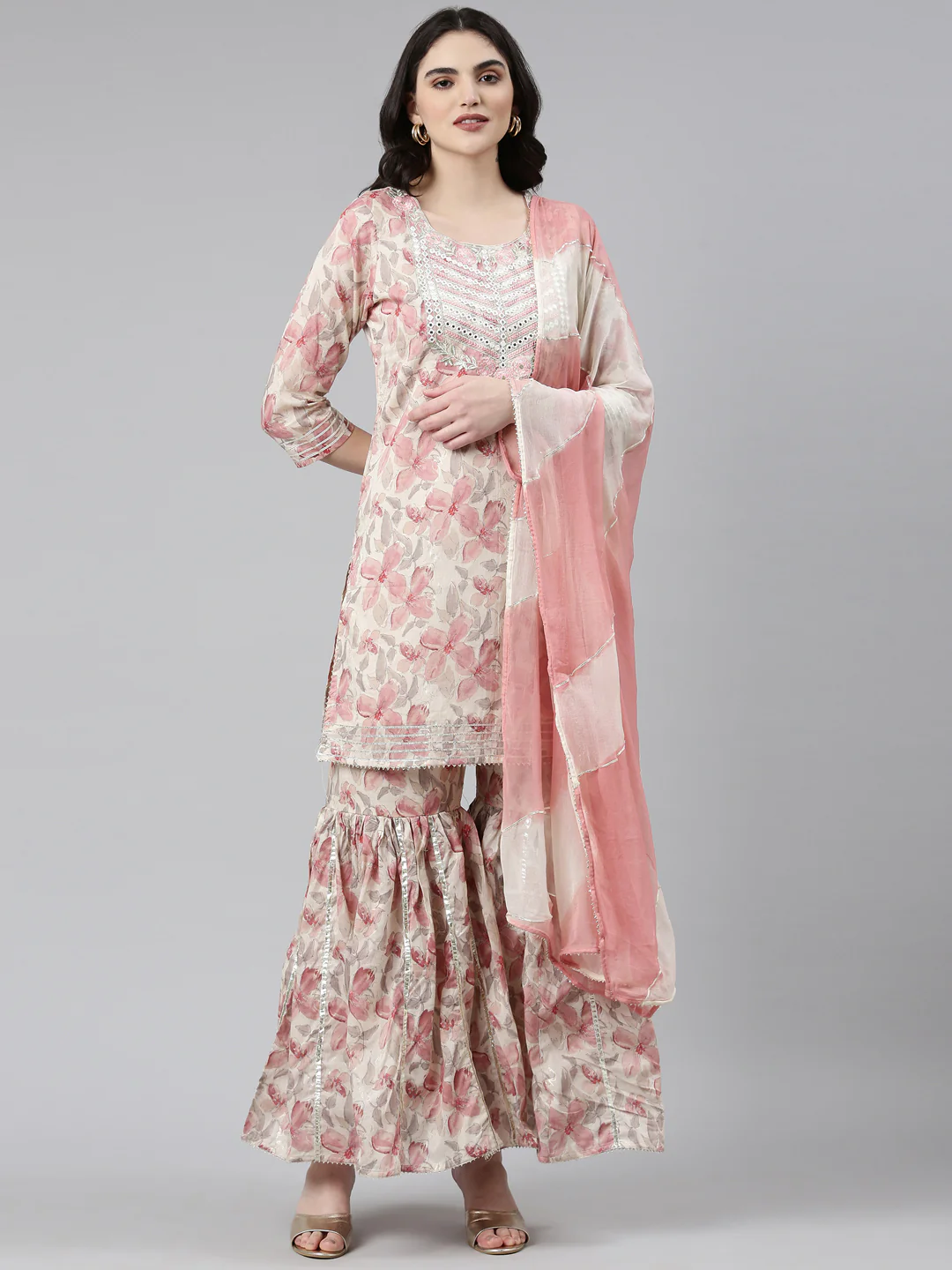 Neerus Cream Regular Straight Printed Kurta And Sharara With Dupatta