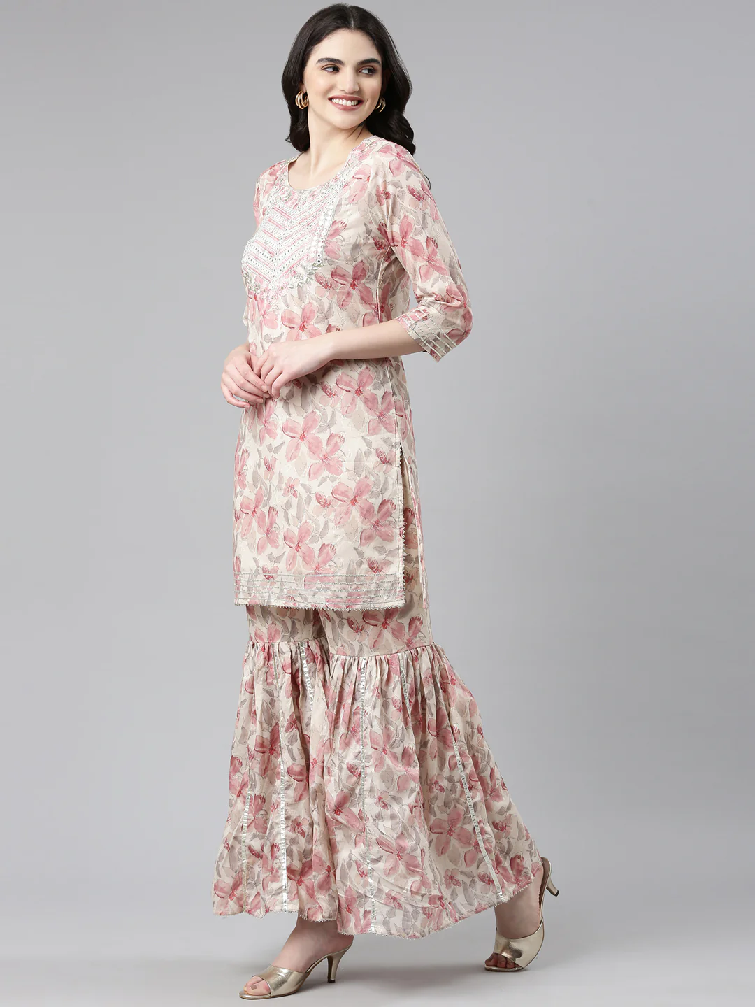 Neerus Cream Regular Straight Printed Kurta And Sharara With Dupatta - Image 2