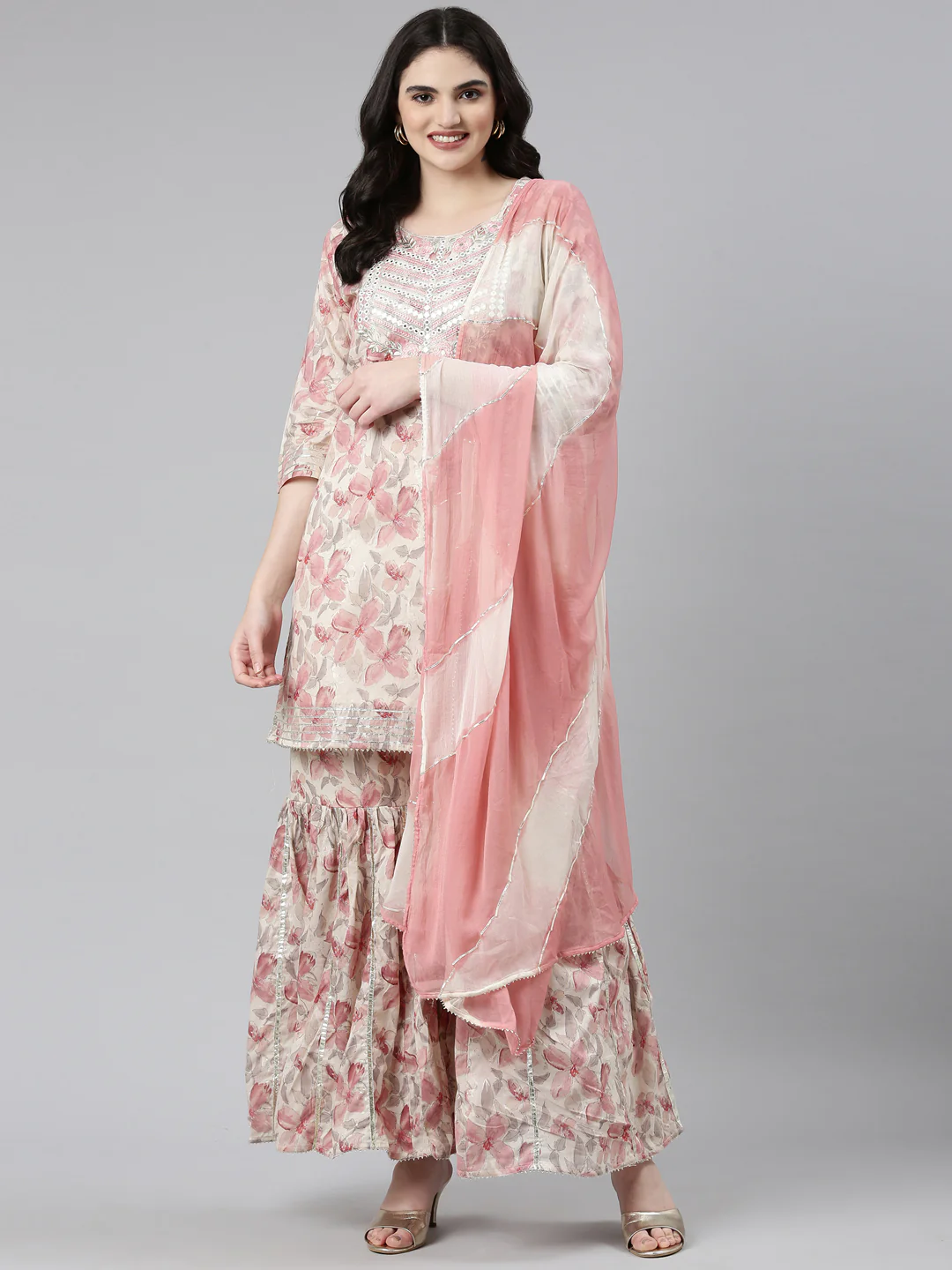 Neerus Cream Regular Straight Printed Kurta And Sharara With Dupatta - Image 5