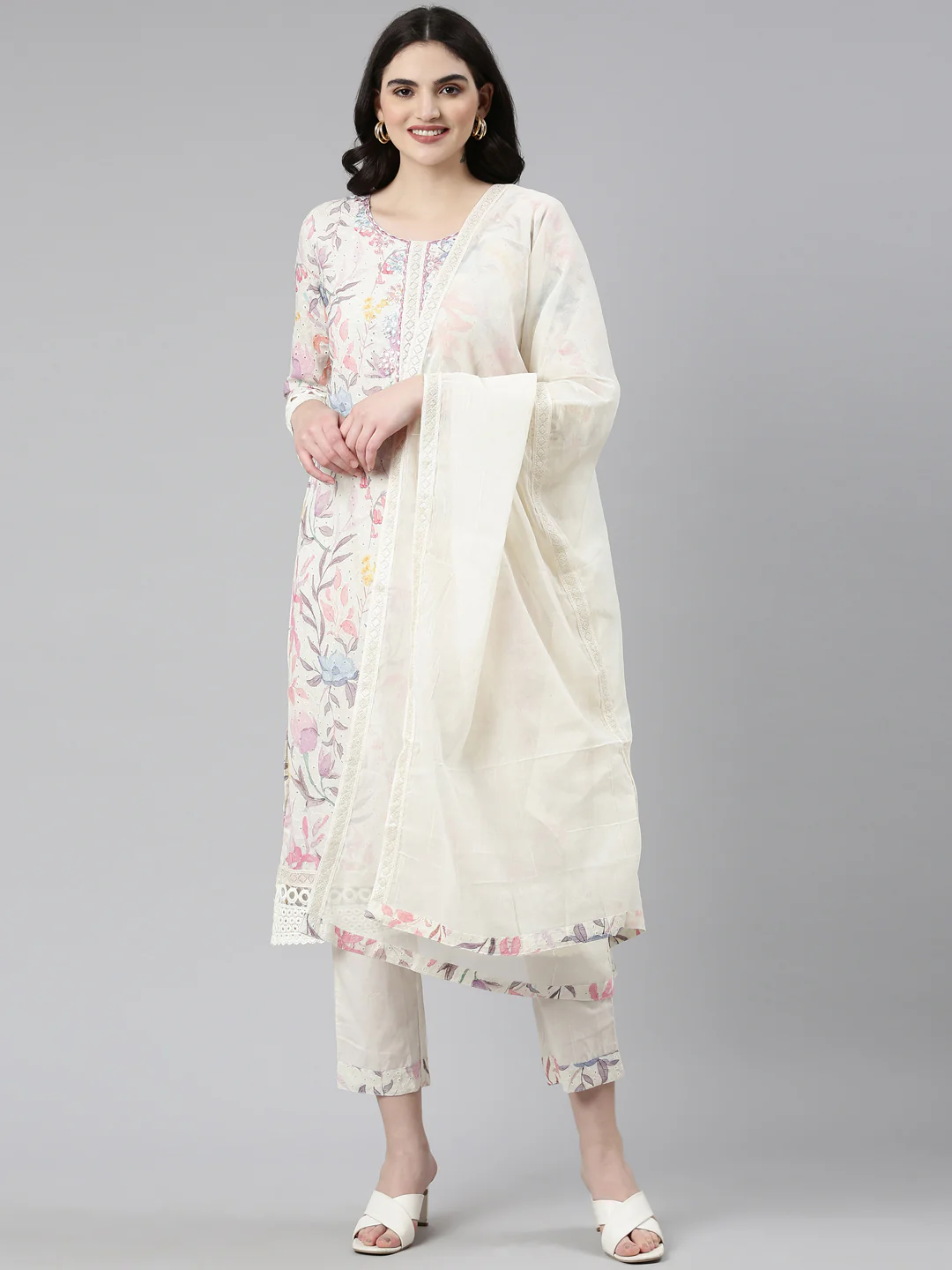 Neerus Cream Regular Straight Printed Readymade suits