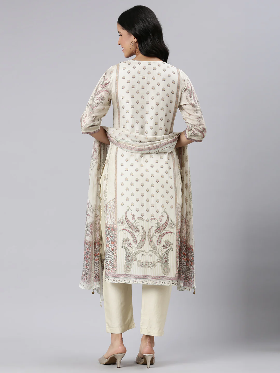 Neerus Cream Regular Straight Printed Kurta and Trousers With Dupatta - Image 3