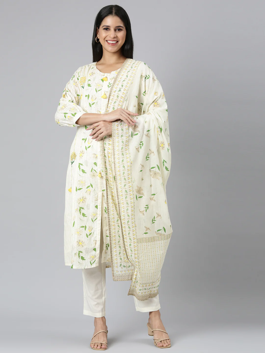 Neerus Cream Regular Straight Printed Kurta and Trousers With Dupatta