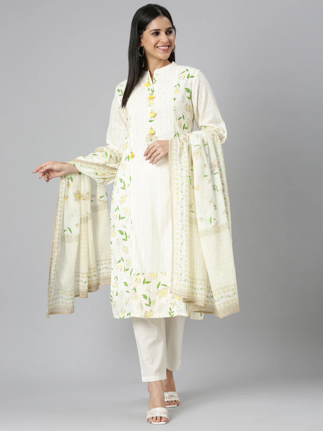 Neerus Cream Regular Straight Printed Kurta and Trousers With Dupatta - Image 5