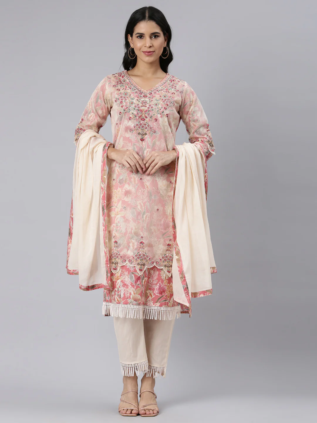 Neerus Cream Regular Straight Printed Kurta and Trousers With Dupatta