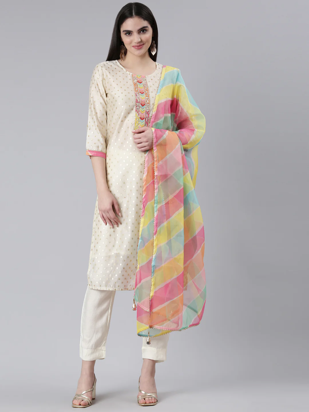 Neerus Cream Regular Straight Printed Readymade suits