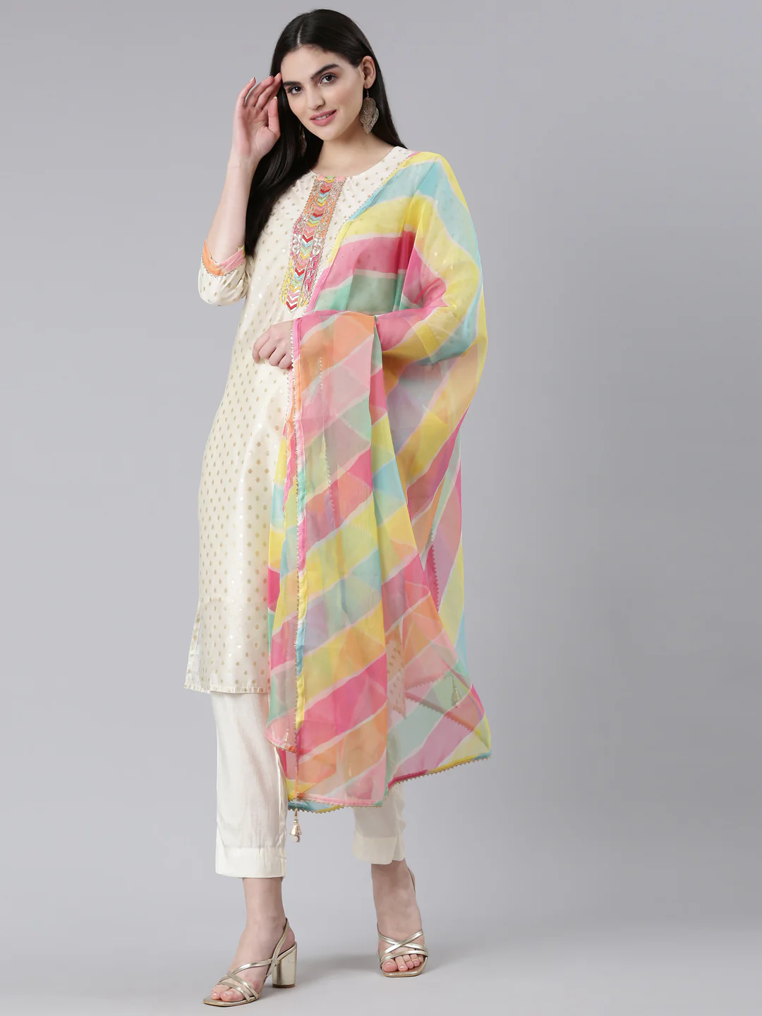 Neerus Cream Regular Straight Printed Readymade suits - Image 5