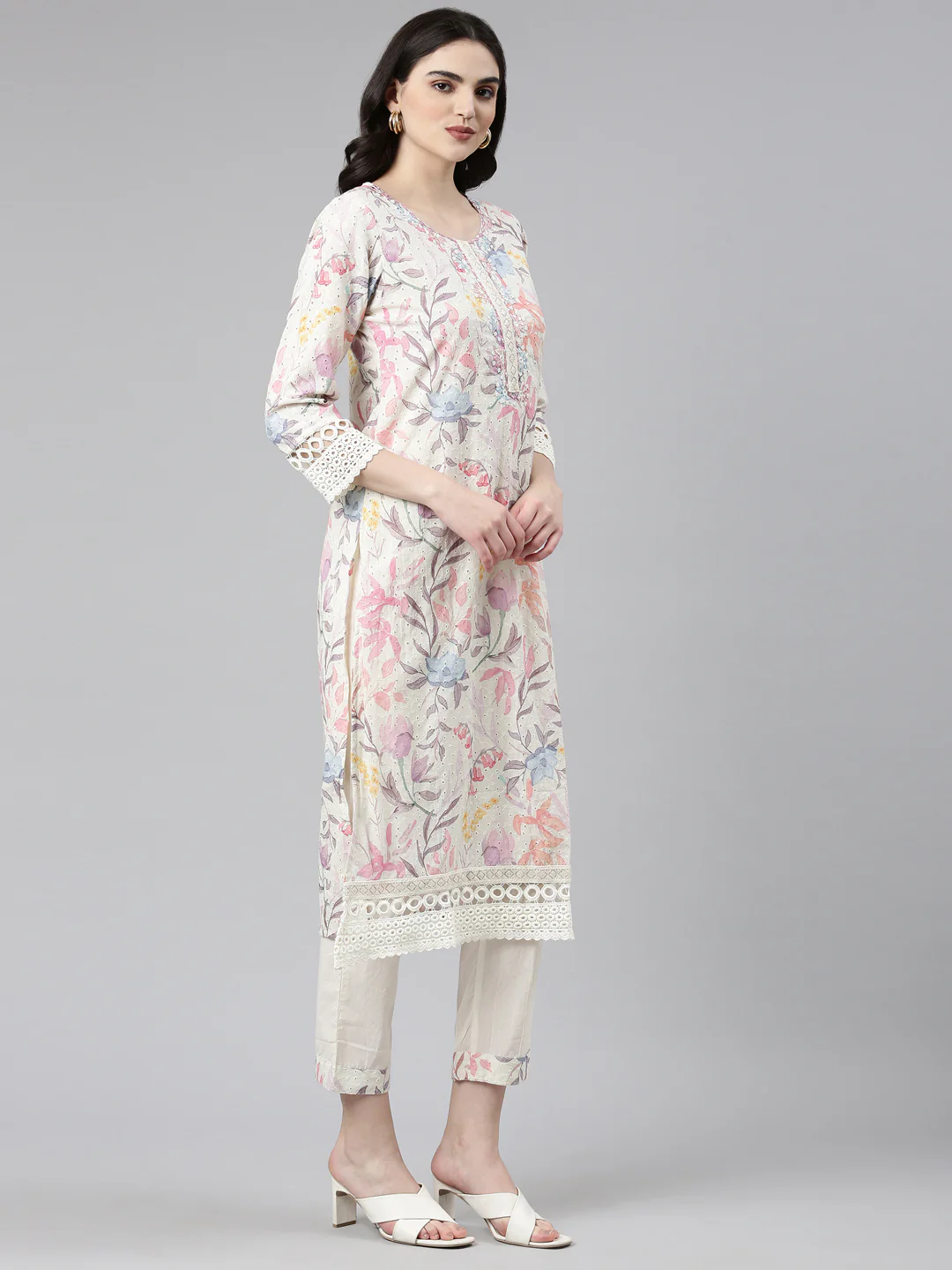 Neerus Cream Regular Straight Printed Readymade suits - Image 2