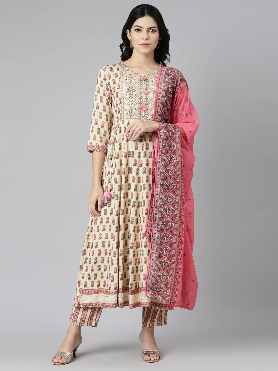 Neerus Cream Regular Straight Printed Readymade suits