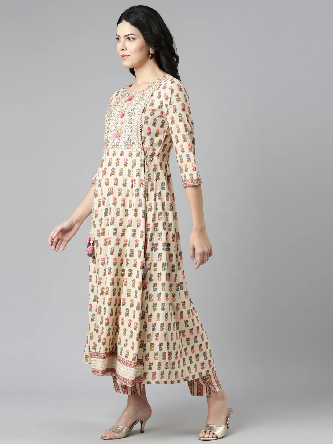 Neerus Cream Regular Straight Printed Readymade suits - Image 2